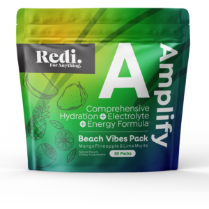 Redi Amplify electrolyte hydration and energy stick pack pouch, Beach Vibes Pack flavor, Mango Pineapple and Lime Mojito