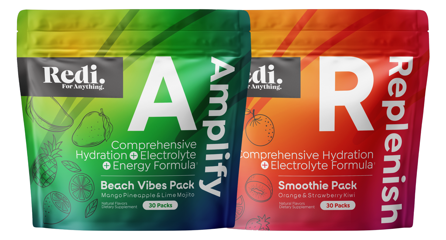 Redi Replenish and Amplify electrolyte hydration stick pack pouches side by side