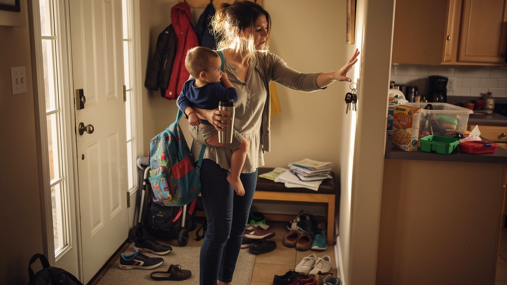 Parent juggling a toddler, travel mug, and keys while rushing out the door on a chaotic morning