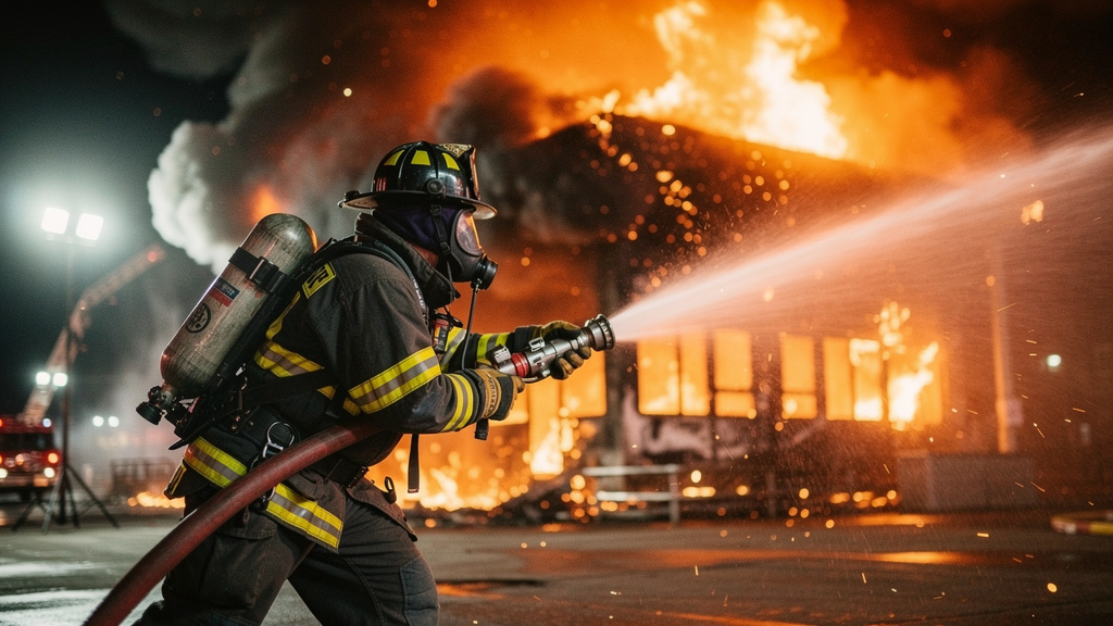 Firefighter in full turnout gear and SCBA mask spraying a hose at an active structure fire at night