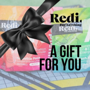 Redi Supplements gift card graphic showing wrapped Replenish and Amplify pouches with a bow, A Gift For You