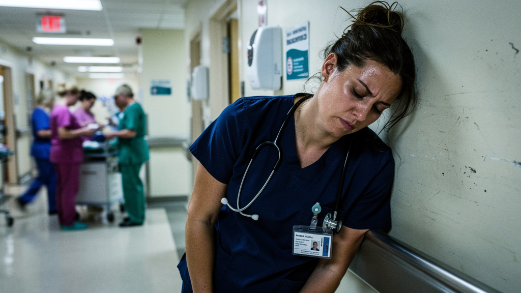 Exhausted nurse in navy scrubs leaning against a hospital corridor wall near the end of a long shift