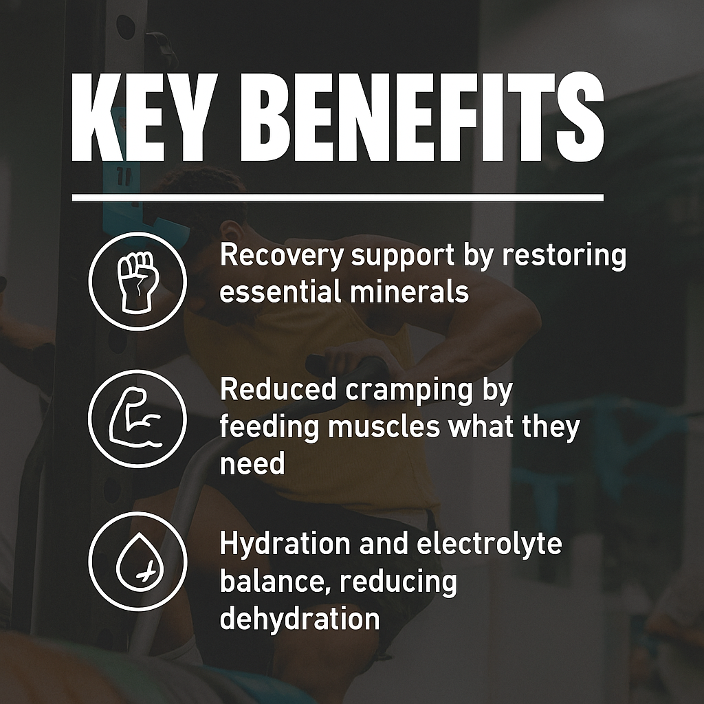 Key benefits graphic for Redi Replenish: recovery support, reduced cramping, hydration and electrolyte balance