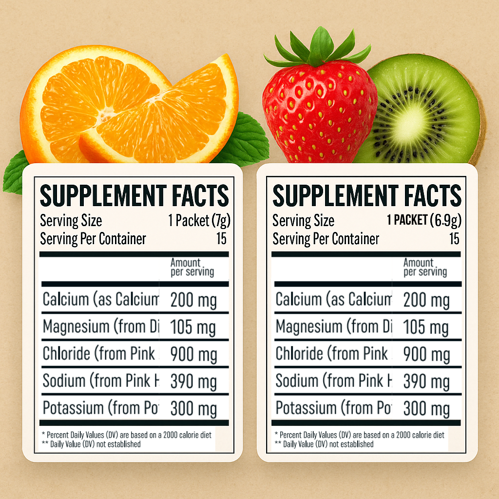 Supplement facts panel for Redi Replenish electrolyte hydration, orange and strawberry kiwi flavors