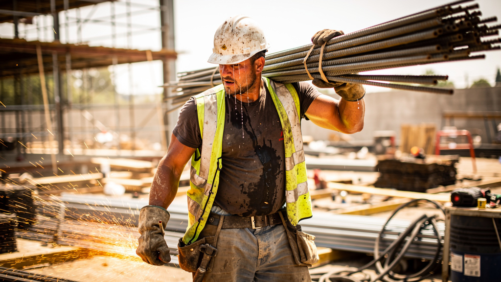 Construction worker carrying rebar over his shoulder on an active job site with welding sparks nearby